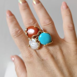 Anello Corallo E Turchese Con Perla Naturale In Ottone Regolabile