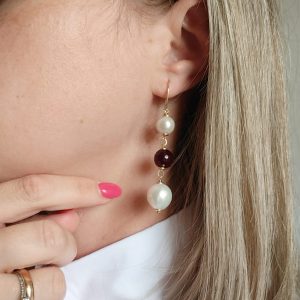 Orecchini Agata Borgogna E Perle Con Monachella Dorata