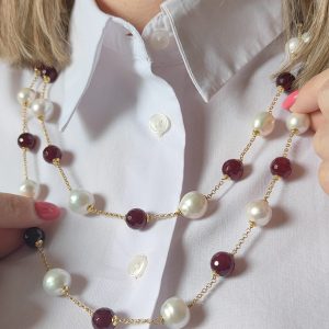 Collana Perle E Agata Borgogna Lunga Senza Chiusura