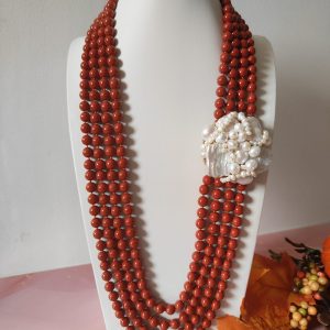 Collana Multifilo Corallo E Perle Con Connettore Artigianale