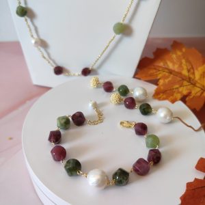 Parure Granato Perle E Zoisite Con Catenina Dorata