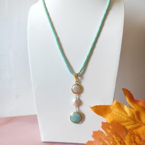 Collana Perla E Amazzonite Con Cordoncino Verde Acqua