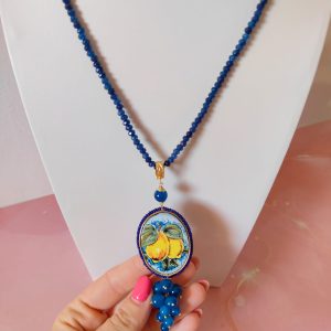 Collana Maiolica Siciliana Con Grappolo Di Agata Blu