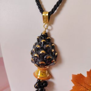Collana Pigna Nera Con Cordoncino E Ceramica Di Caltagirone