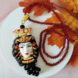 Collana Testa Moro Donna Con Agata Bordeaux E Onice