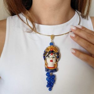 Girocollo Testa Di Moro In Ceramica E Agata Blu