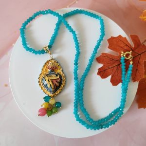 Collana Sacro Cuore In Ceramica Con Agata E Giada Multicolore