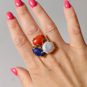 Anello Corallo E Lapislazzuli Regolabile In Ottone