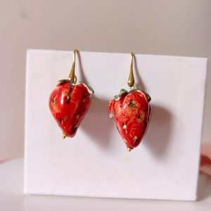 Orecchini Fragola Ceramica In Argento Placcato Oro