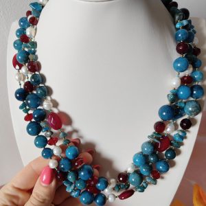 Collana Apatite E Agata Borgogna Con Perle E Ematite