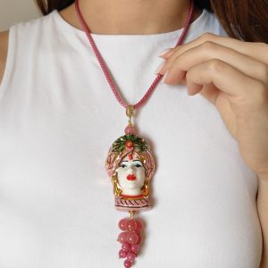 Collana Moro In Ceramica Con Giada Rosa E Cordoncino