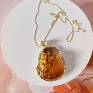 Ciondolo Ambra Cognac Con Catena In Argento 925 Placcato Oro