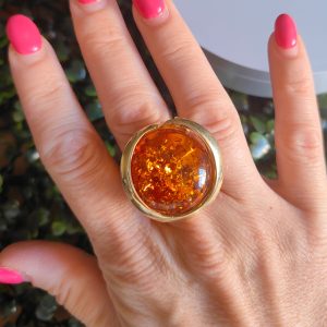 Anello In Ambra Cognac in Argento Placcato Oro