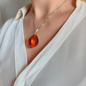 Collana Ambra Cognac Con Catenina In Argento 925
