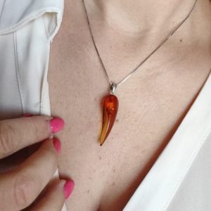 Collana Corno Ambra Baltica Cognac In Argento 925