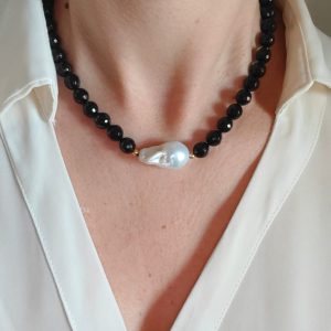 Girocollo Onice E Perla Barocca In Argento 925 Dorato