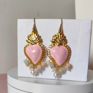 Orecchini Cuore Rosa E Giada Con Perla