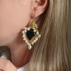 Orecchini Cuore Nero E Perle Con Argento Dorato