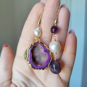 Orecchini Drusa Viola E Ametista In Argento Placcato Oro