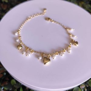 Bracciale Cuori E Perle in Argento Dorato
