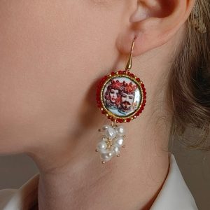 Orecchini Maiolica E Perle Con Monachella Dorata