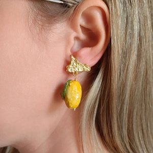 Orecchini Limone Caltagirone Con Perno Dorato A Farfalla