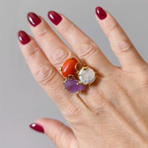 Anello Perla Ametista Corallo In Ottone Dorato Regolabile