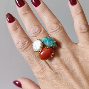 Anello Perla Corallo Amazzonite In Ottone Dorato Regolabile
