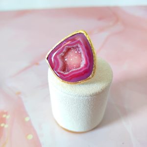 Anello Drusa Naturale Rosa In Ottone Dorato Regolabile
