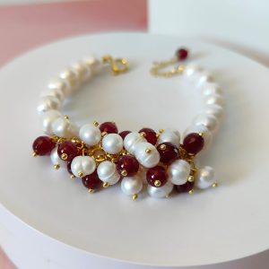 Bracciale Perle E Agata Borgogna In Argento Dorato