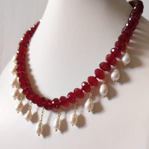 Collana Agata Borgogna Con Perle Barocche Pendenti