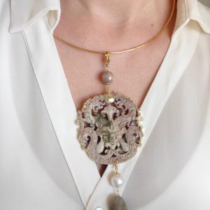 Collana Mandala Giada Antica Con Agata Grigia E Perla Naturale