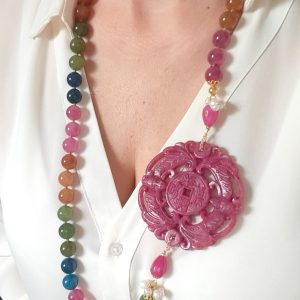 Collana Mandala E Tormaline – Giada Rosa E Perle Naturali