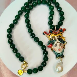 Collana Agata Verde E Ceramica Con Perla Barocca