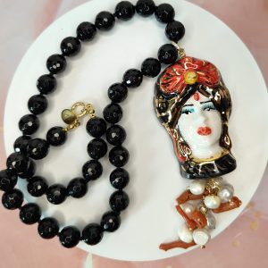 Collana Onice Nero E Moro Con Corallo E Perle