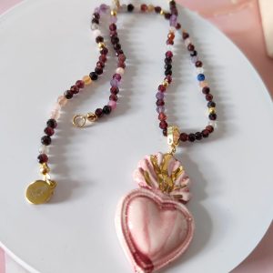 Collana Cuore Sacro Rosa In Ceramica E Tormalina