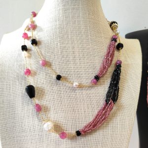 Collana Tormalina Rosa E Onice Con Perle E Zirconi