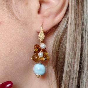 Orecchini Ambra E Larimar Con Perle E Monachella Dorata