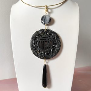 Mandala In Giada Nera Con Onice E Quarzo Rutilato