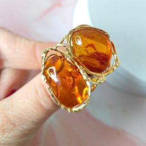 Anello Ambra Baltica Naturale In Argento Placcato Oro