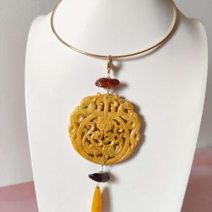 Mandala Giada Gialla e Ambra con Collana Rigida