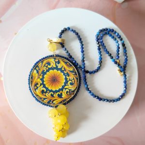 Collana Maiolica Blu Oro Con Sodalite E Agata Gialla