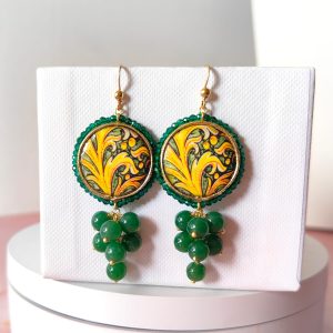 Orecchini Maiolica Verde Oro Con Agata E Argento Dorato