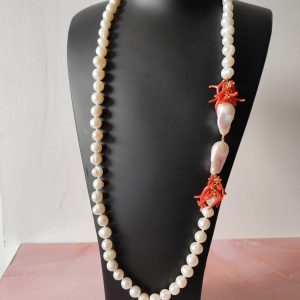 Collana Perle E Corallo Rosso- Eleganza Artigianale