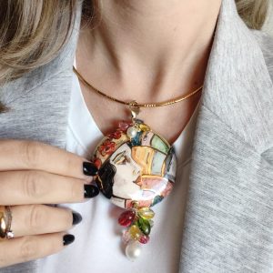 Ceramica Volto Donna E Tormaline – Girocollo Artistico Unico