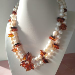 Collana Perle E Ambra Naturale A Due Fili