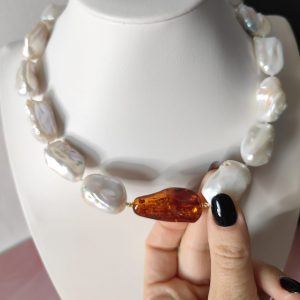Perle Barocche E Ambra Collana Girocollo Artigianale