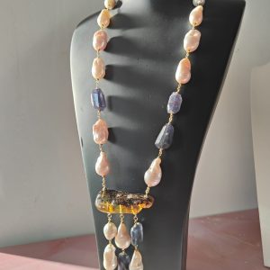 Collana Perle Iolite Ambra Con Dettaglio In Argento Dorato