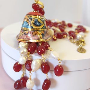 Collana Campanella Ceramica Dipinta A Mano Con Perle Naturali