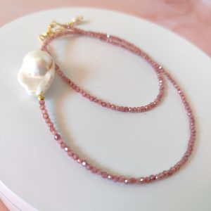 Girocollo Zirconi Rosa Perla Con Perla Barocca